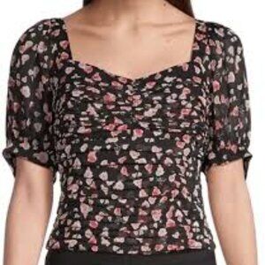 KARL LAGERFELD PARIS Women's Floral Printed Ruched Puff-Sleeve Blouse Small